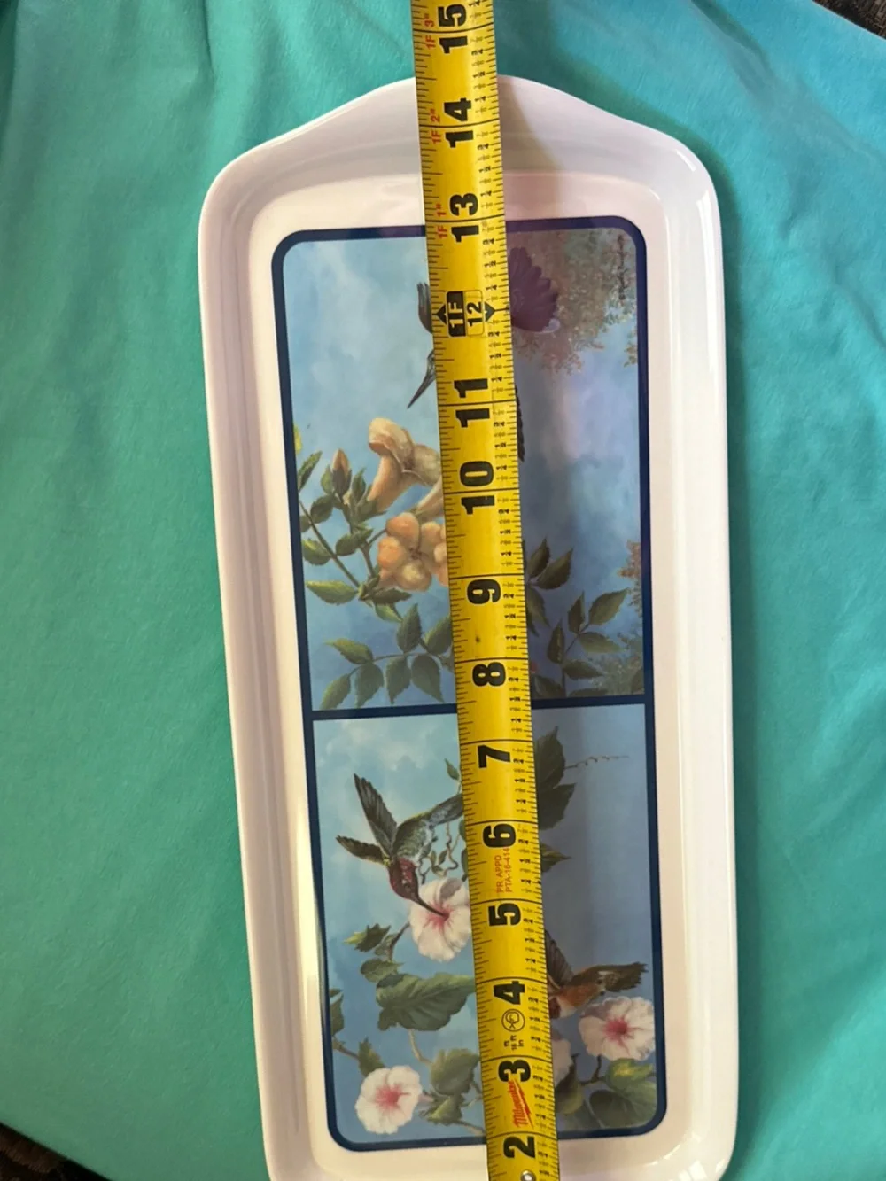 Hummingbird melamine Serving Tray in Teal and White 14.5”x6”